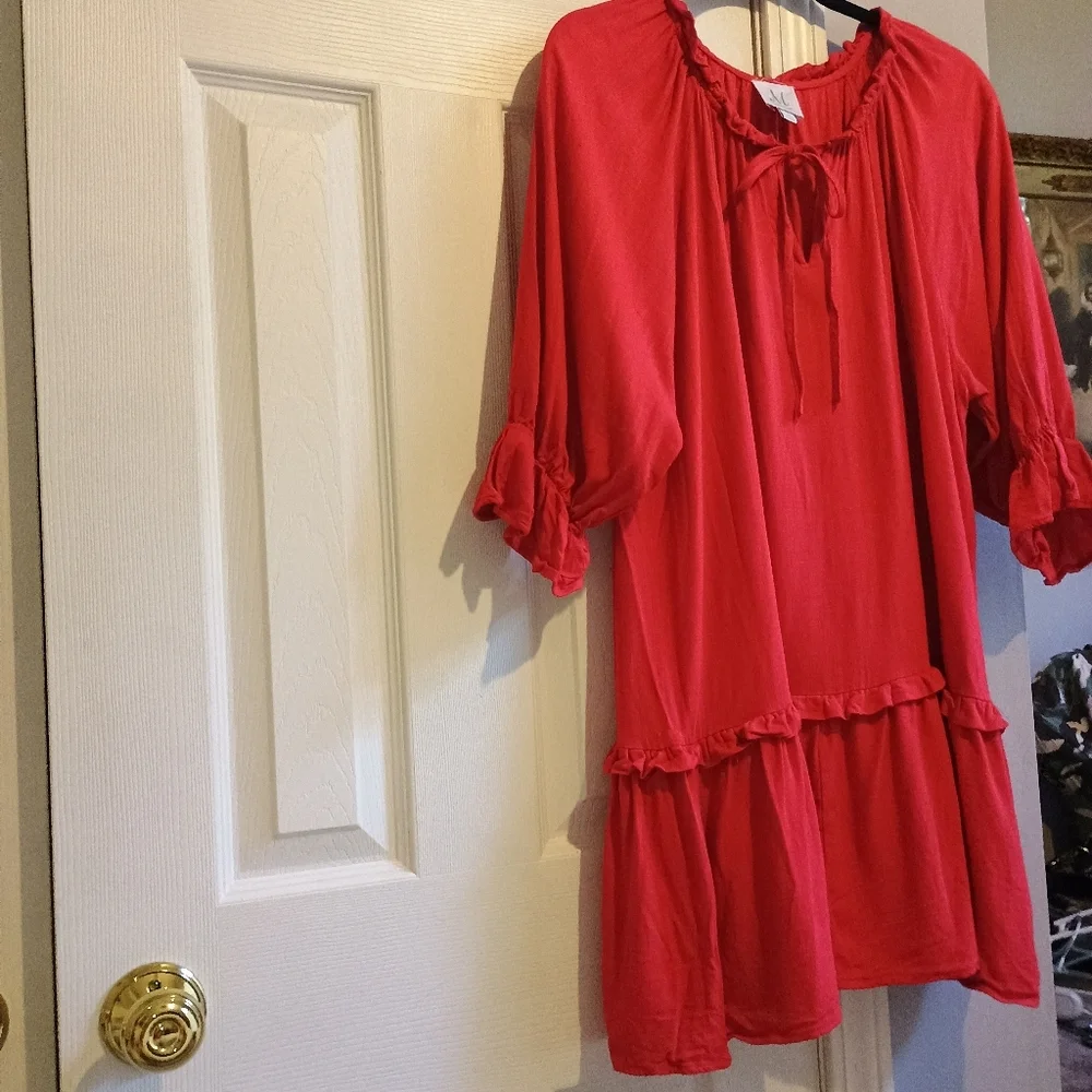 M Shopthemint Women’s Size M Red Linen Cotton Ruffle Peasant Tunic Dress Boho - Picture 7 of 13